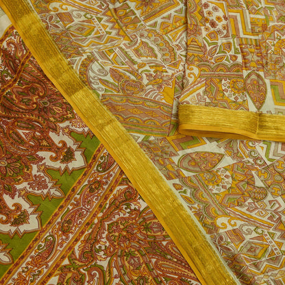 Indian Vintage Sari Ivory Pure Silk Printed Sarees Fabric 6yd Sewing Zari Border Craft Fabric DressMaking Soft Crafting Quilting