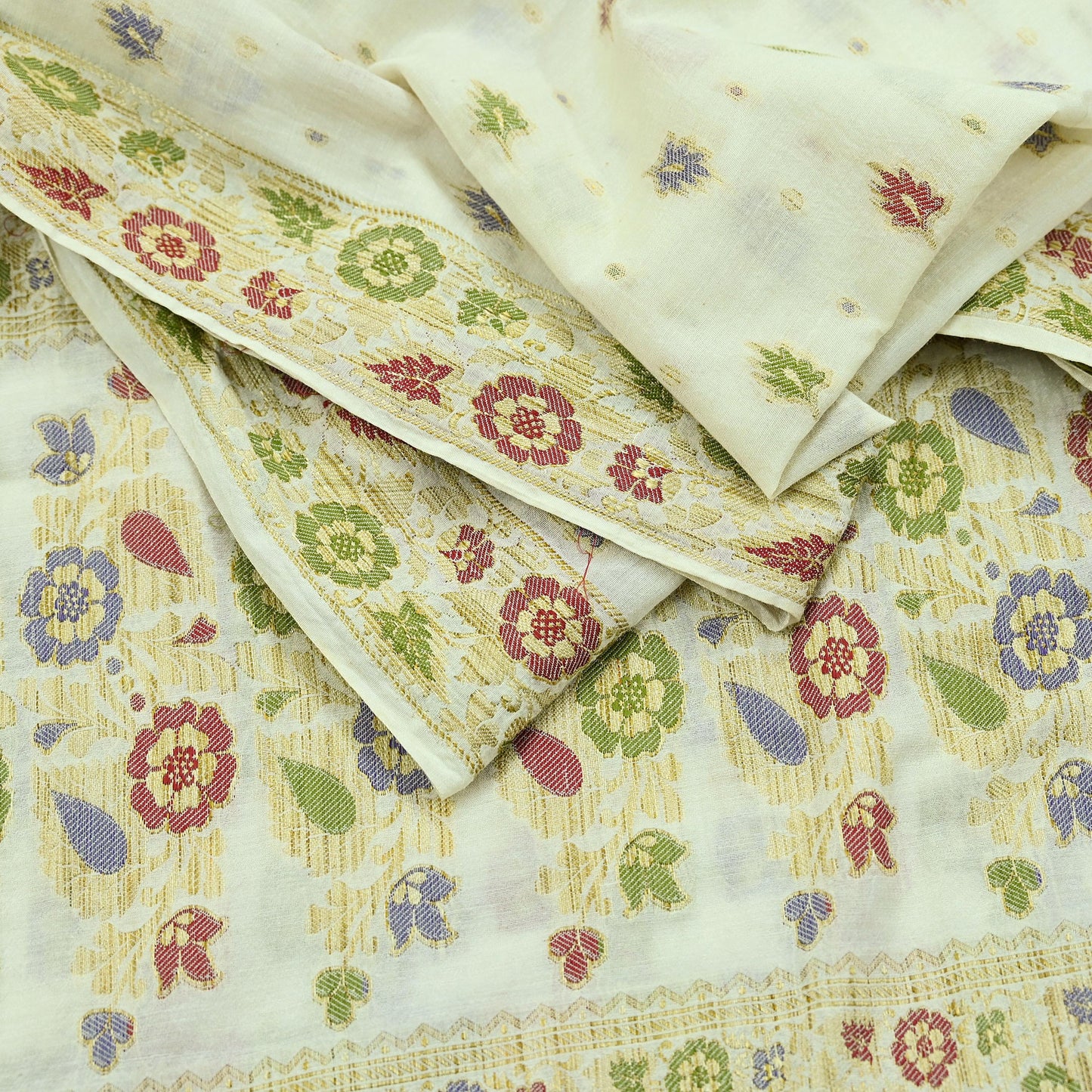 Indian Vintage Dupatta White Long Stole Pure Silk Hand Woven Scarves Veil Scarf Wrap Floral