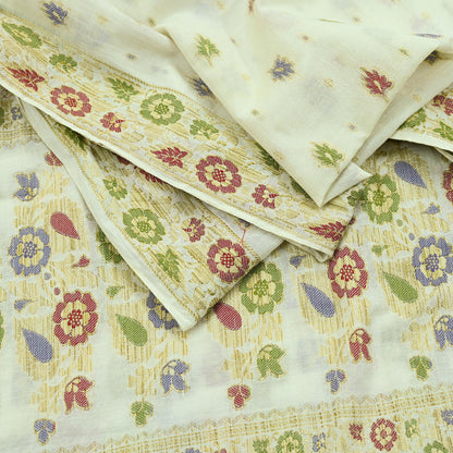 Indian Vintage Dupatta White Long Stole Pure Silk Hand Woven Scarves Veil Scarf Wrap Floral