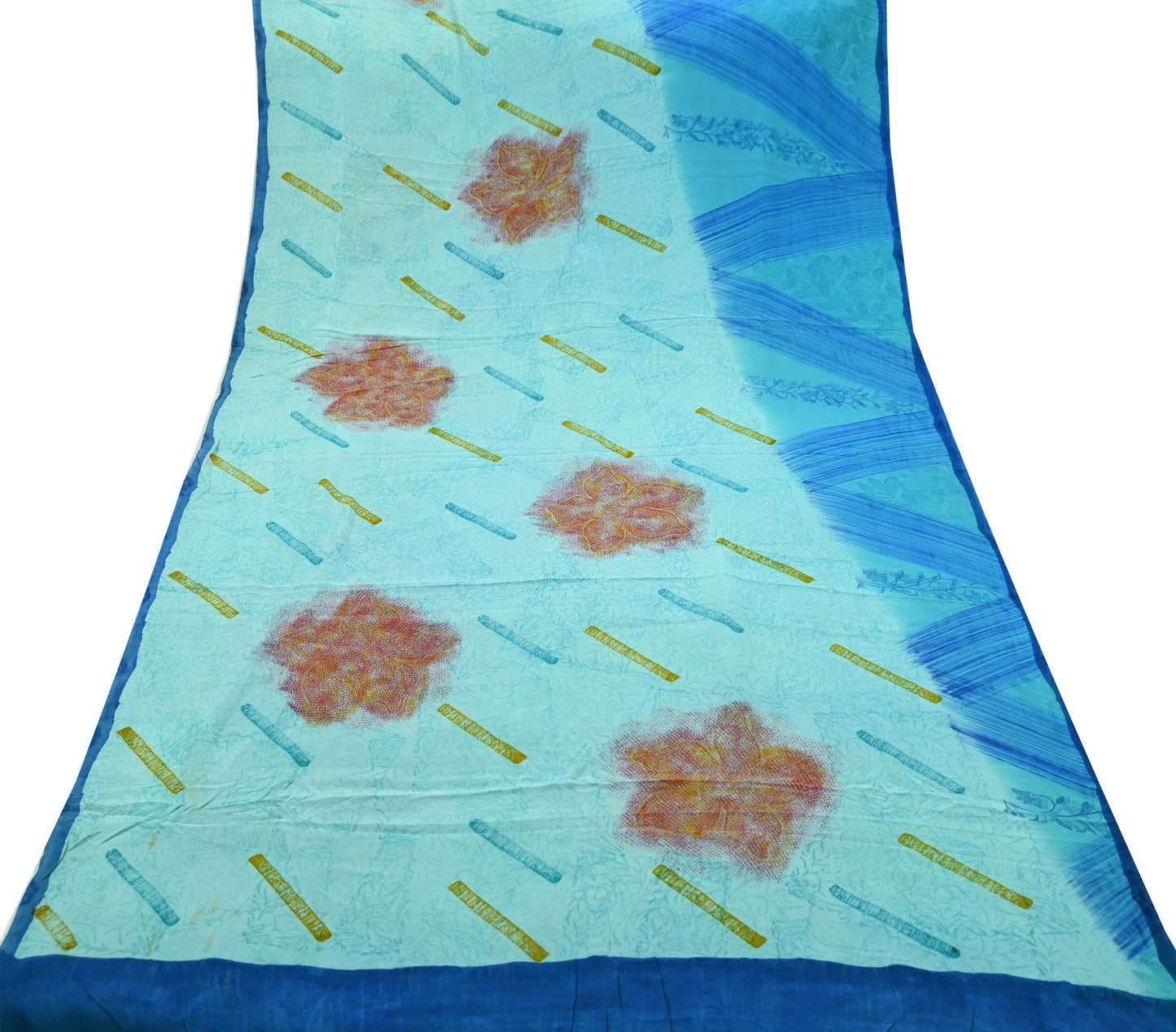 Indian Vintage Sari Blue & Green Pure Crepe Silk Printed Saree 5yd Sewing Soft Craft Fabric Wrap Dress making Quilting Crafting Upcycle