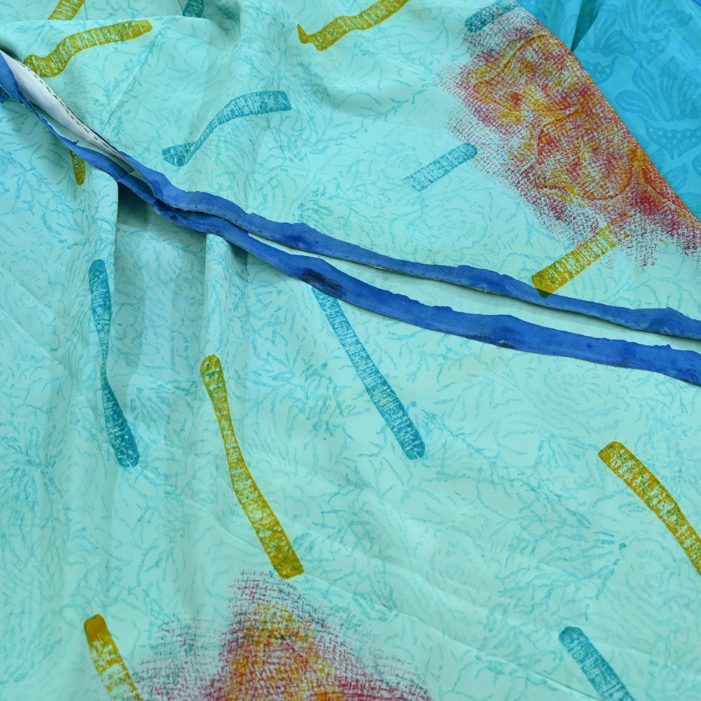Indian Vintage Sari Blue & Green Pure Crepe Silk Printed Saree 5yd Sewing Soft Craft Fabric Wrap Dress making Quilting Crafting Upcycle