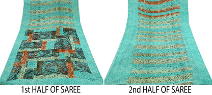 Women Vintage Sari Green Pure Georgette Silk Printed Saree Craft Fabric Sewing 5Yard Soft Light Dress Making Floral