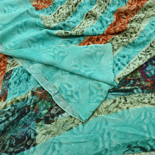 Women Vintage Sari Green Pure Georgette Silk Printed Saree Craft Fabric Sewing 5Yard Soft Light Dress Making Floral
