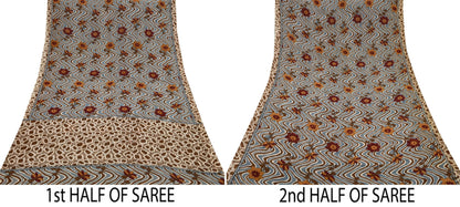 Indian Vintage Sari Beige Pure Georgette Silk Printed Sarees 5Yd Craft Fabric Sewing Quilting Dress making Crafting Quilting Upcycle