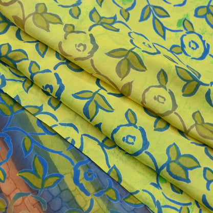 Indian Vintage Sari Yellow 100% Pure Silk Printed Sarees Craft Fabric 5yd Sewing DressMaking Soft Abstract Dress making Quilting Crafting