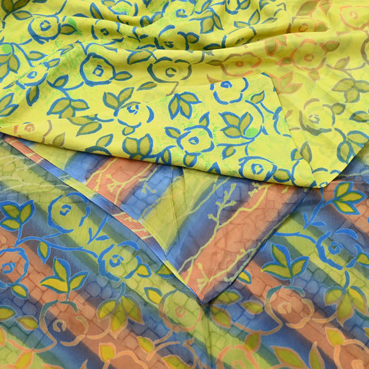 Indian Vintage Sari Yellow 100% Pure Silk Printed Sarees Craft Fabric 5yd Sewing DressMaking Soft Abstract Dress making Quilting Crafting
