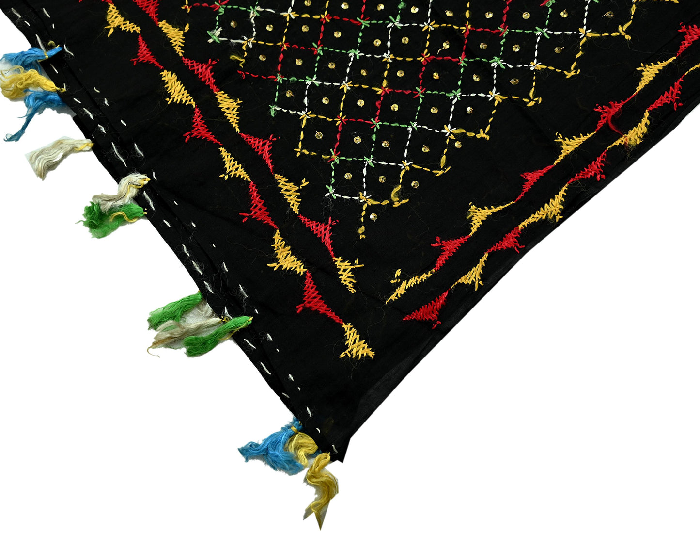Indian Vintage Dupatta Black Long Stole Hand Embroidered Bagh Phulkari Stole Scarves Fringes Party wear