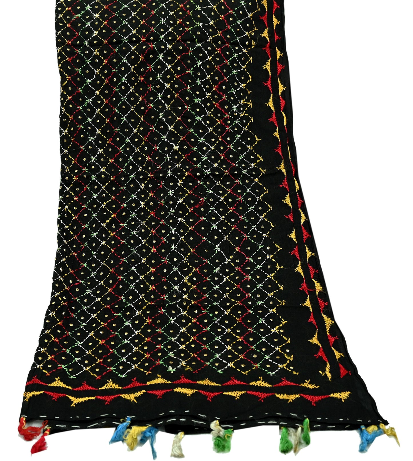 Indian Vintage Dupatta Black Long Stole Hand Embroidered Bagh Phulkari Stole Scarves Fringes Party wear
