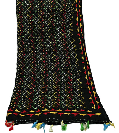 Indian Vintage Dupatta Black Long Stole Hand Embroidered Bagh Phulkari Stole Scarves Fringes Party wear