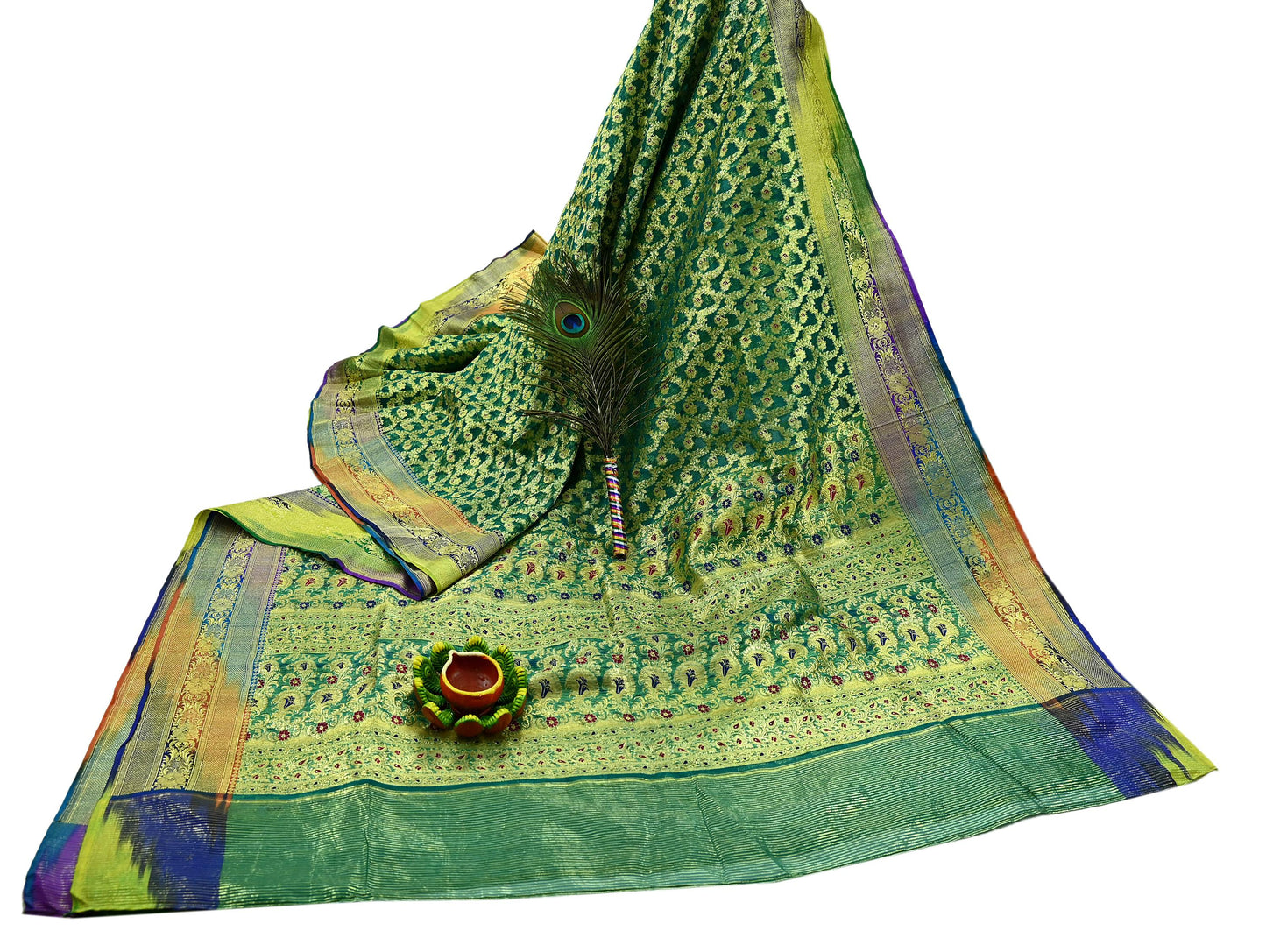 Indian Vintage Sari Heavy Green Pure Organza Silk Woven Brocade Banarasi Sarees Zari 5Yd Ethnic Fabric Dress Making Wedding Sarees
