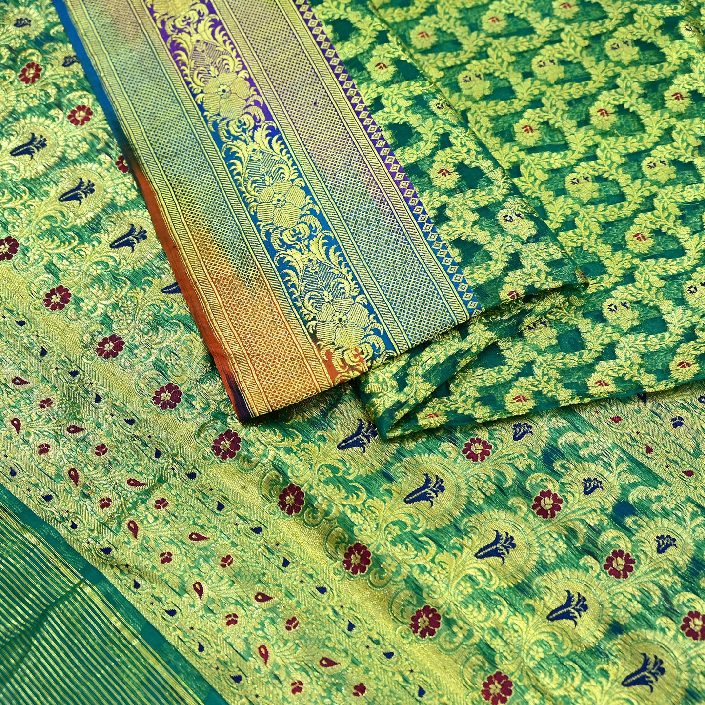 Indian Vintage Sari Heavy Green Pure Organza Silk Woven Brocade Banarasi Sarees Zari 5Yd Ethnic Fabric Dress Making Wedding Sarees