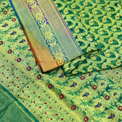 Indian Vintage Sari Heavy Green Pure Organza Silk Woven Brocade Banarasi Sarees Zari 5Yd Ethnic Fabric Dress Making Wedding Sarees