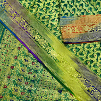 Indian Vintage Sari Heavy Green Pure Organza Silk Woven Brocade Banarasi Sarees Zari 5Yd Ethnic Fabric Dress Making Wedding Sarees