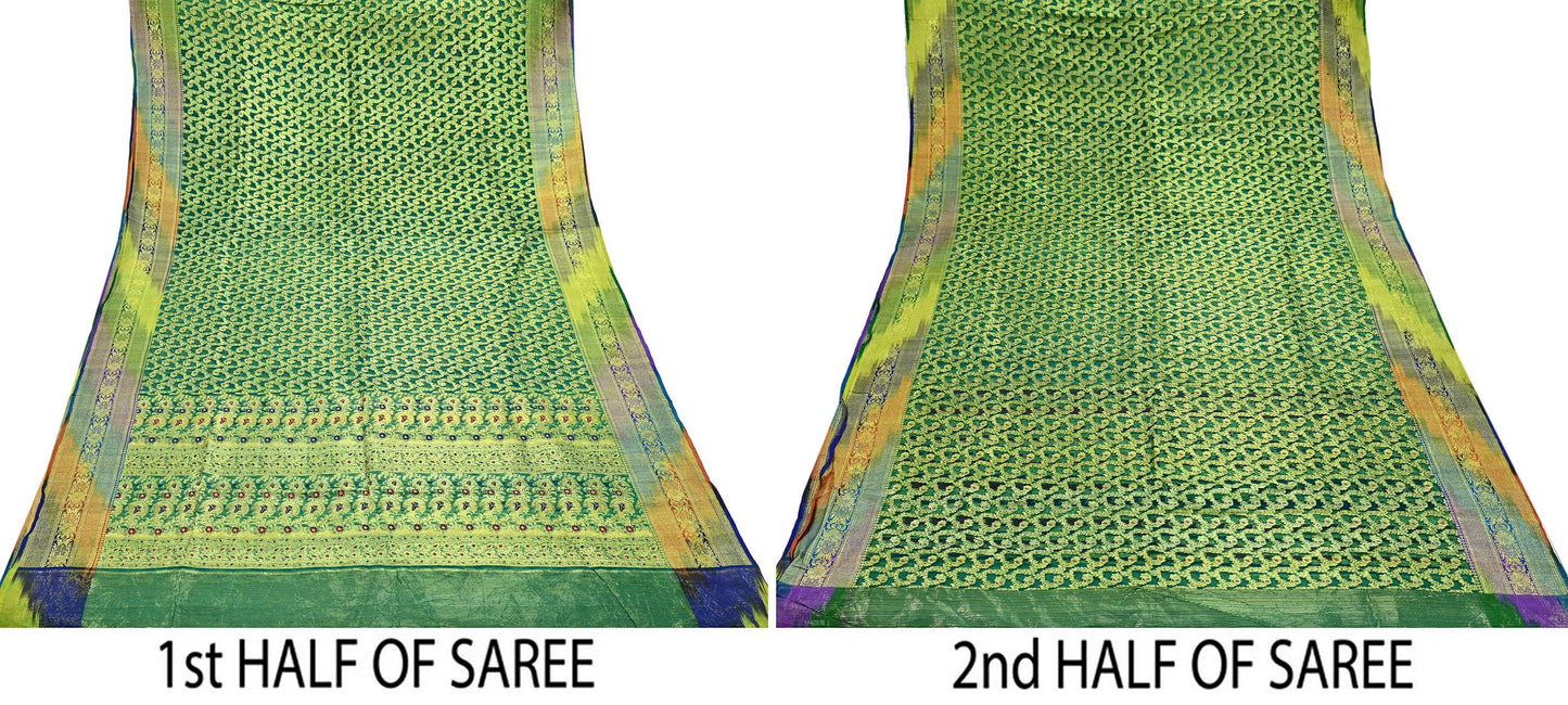Indian Vintage Sari Heavy Green Pure Organza Silk Woven Brocade Banarasi Sarees Zari 5Yd Ethnic Fabric Dress Making Wedding Sarees