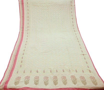 Indian Vintage Dupatta Ivory Long Stole Pure Chanderi silk Handmade Chikankari Scarves Veil Scarf Wrap Floral Design