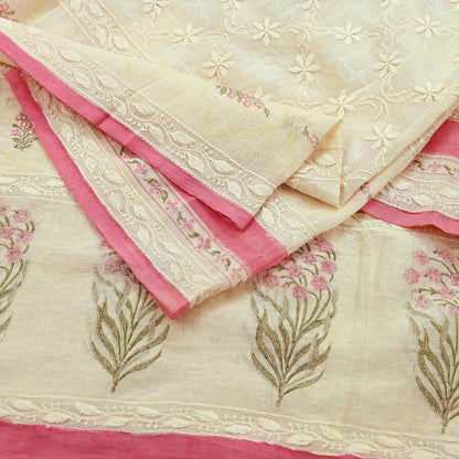 Indian Vintage Dupatta Ivory Long Stole Pure Chanderi silk Handmade Chikankari Scarves Veil Scarf Wrap Floral Design