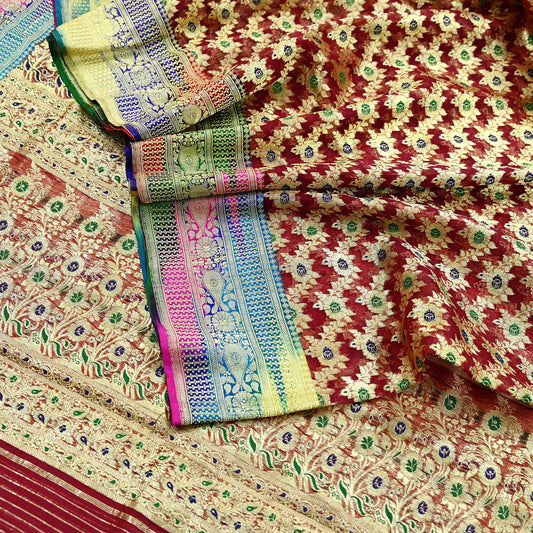 Indian Vintage Sari Heavy Maroon Pure Organza Silk Woven Brocade Banarasi Sarees Zari 5Yd Ethnic Fabric Dress Making Wedding Sarees