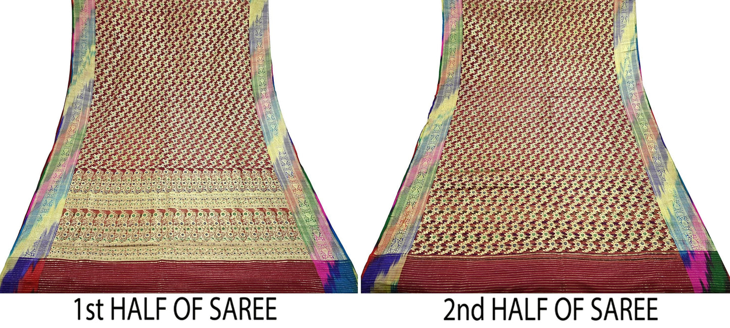 Indian Vintage Sari Heavy Maroon Pure Organza Silk Woven Brocade Banarasi Sarees Zari 5Yd Ethnic Fabric Dress Making Wedding Sarees