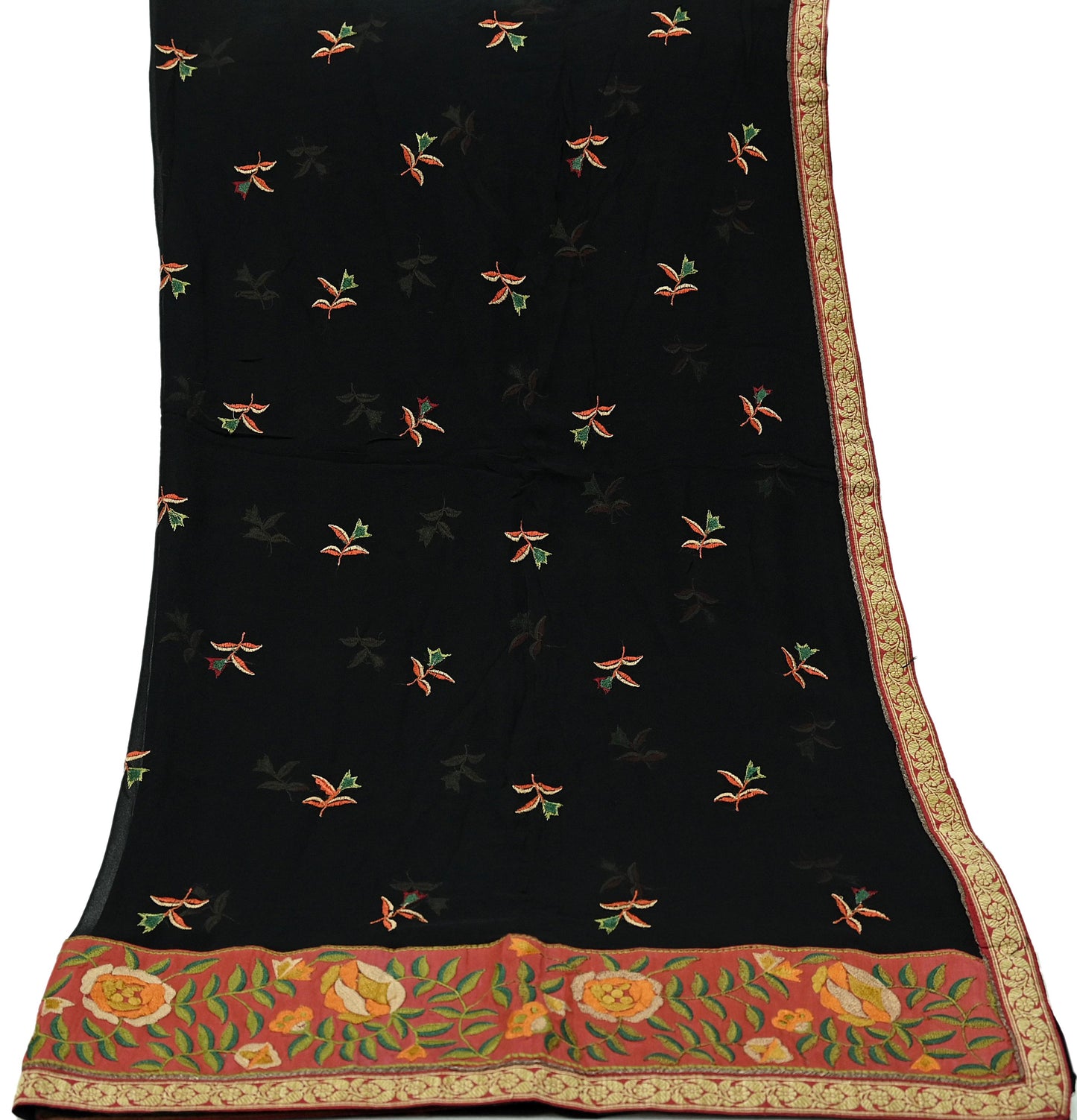 Indian Vintage Dupatta Black Pure Georgette silk Long Stole Embroidered Scarves Stole Veil Wrap