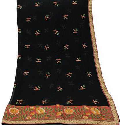 Indian Vintage Dupatta Black Pure Georgette silk Long Stole Embroidered Scarves Stole Veil Wrap