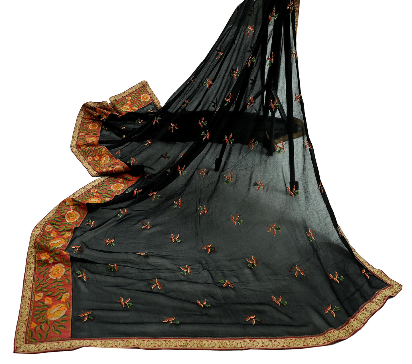 Indian Vintage Dupatta Black Pure Georgette silk Long Stole Embroidered Scarves Stole Veil Wrap