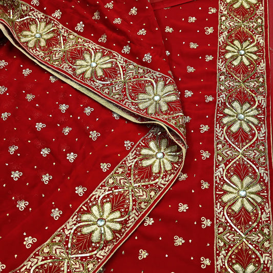 Indian Vintage Heavy Sari Red Pure Georgette Silk Hand Embroidered Sarees Craft Fabric 5Yd Sewing Ethnic Zardozi/dabka zari Wedding sarees