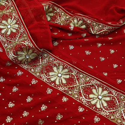 Indian Vintage Heavy Sari Red Pure Georgette Silk Hand Embroidered Sarees Craft Fabric 5Yd Sewing Ethnic Zardozi/dabka zari Wedding sarees