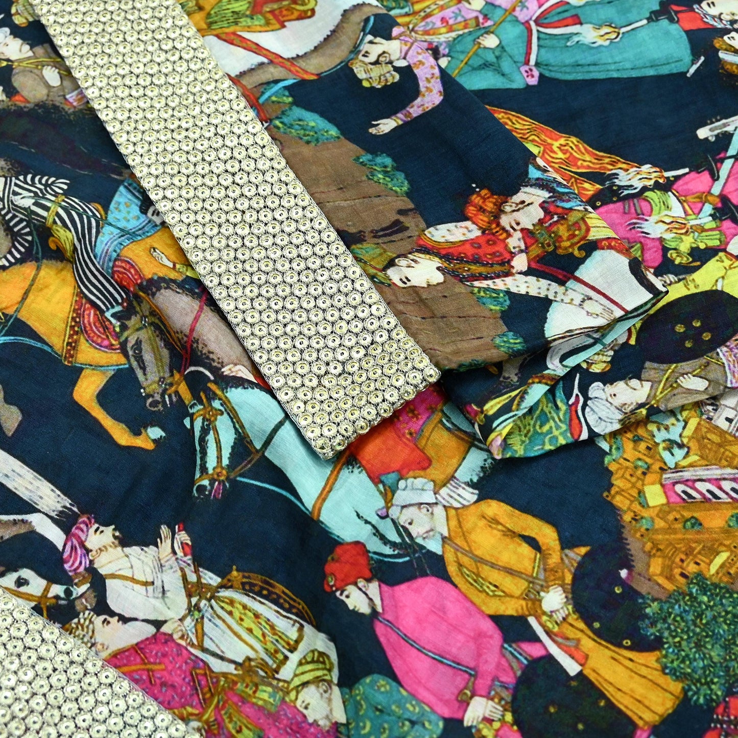 Indian Vintage Dupatta Blue Long Stole Digital Printed Hijab Blend Cotton Scarves Veil Soft Wrap Boho Silver Border