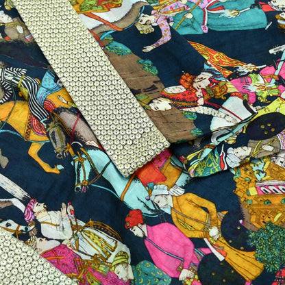 Indian Vintage Dupatta Blue Long Stole Digital Printed Hijab Blend Cotton Scarves Veil Soft Wrap Boho Silver Border