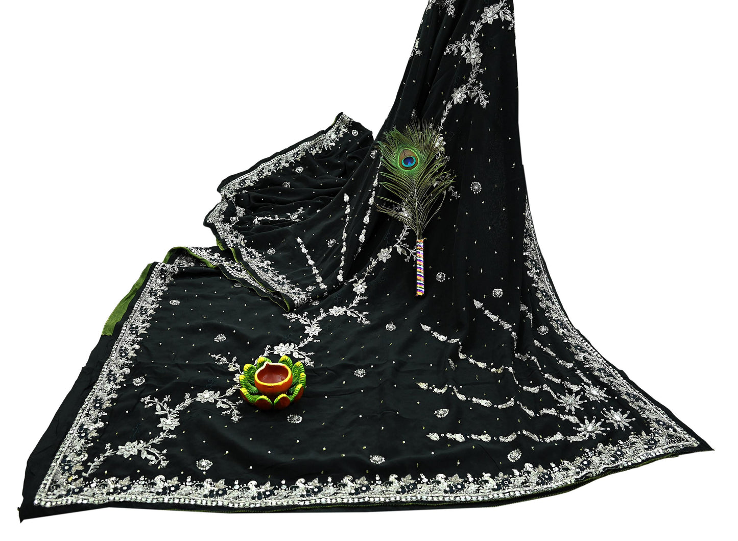 Indian Vintage Black Saree Pure Crepe Silk Hand Embroidered Sari Craft Fabric 6Yd Sewing Soft Zardozi/Dabka Dress making