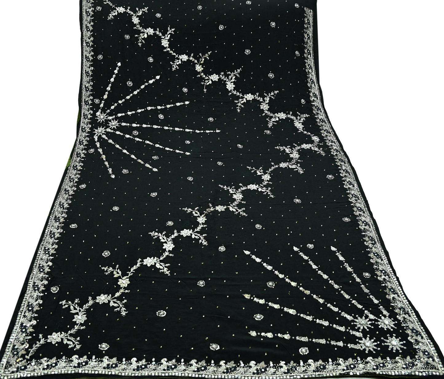 Indian Vintage Black Saree Pure Crepe Silk Hand Embroidered Sari Craft Fabric 6Yd Sewing Soft Zardozi/Dabka Dress making