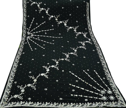 Indian Vintage Black Saree Pure Crepe Silk Hand Embroidered Sari Craft Fabric 6Yd Sewing Soft Zardozi/Dabka Dress making