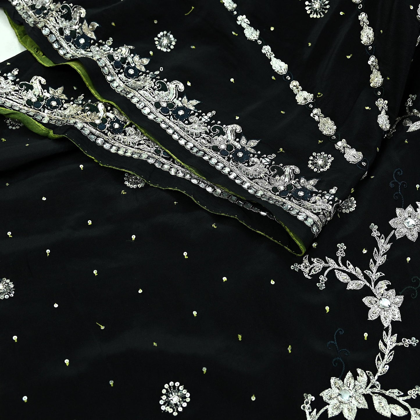 Indian Vintage Black Saree Pure Crepe Silk Hand Embroidered Sari Craft Fabric 6Yd Sewing Soft Zardozi/Dabka Dress making
