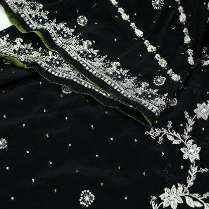 Indian Vintage Black Saree Pure Crepe Silk Hand Embroidered Sari Craft Fabric 6Yd Sewing Soft Zardozi/Dabka Dress making