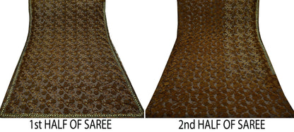 Indian Vintage Heavy Coffee Brown Saree Net/Mesh Hand Beaded Sari Fabric 5Yd Sewing Soft Ethnic Zari Wedding Bollywood Sarees
