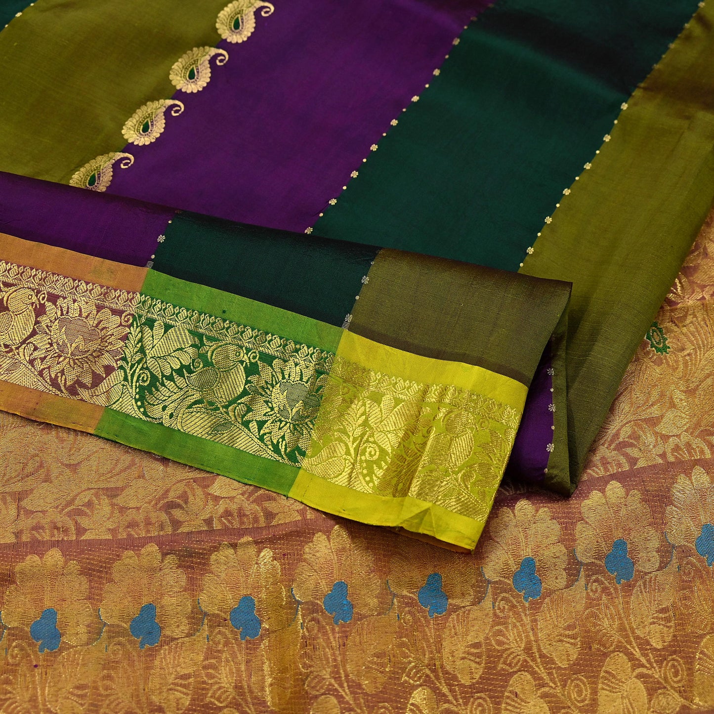 Indian Vintage Heavy Multi Kanjivaram Saree 100% Pure Silk Sari Metallic Golden Zari 5Yd Floral Crafting Dress making