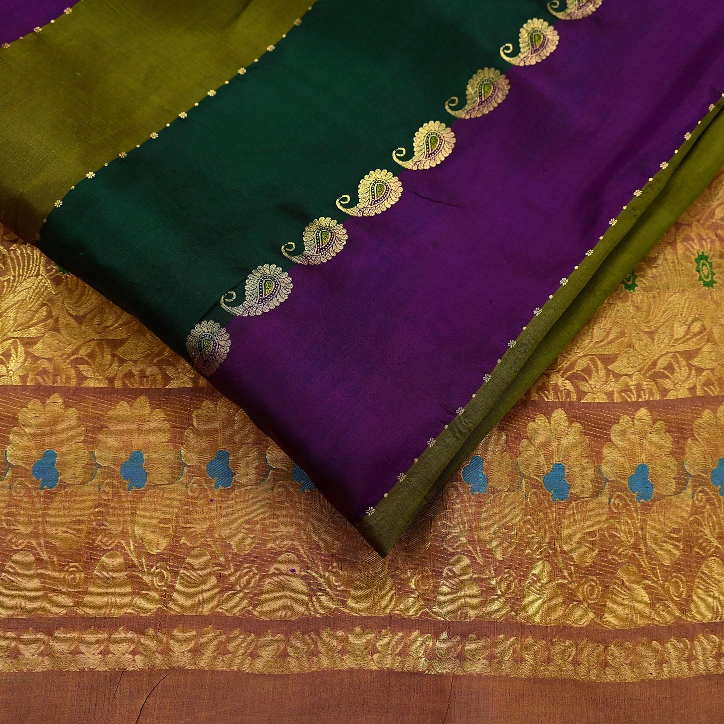 Indian Vintage Heavy Multi Kanjivaram Saree 100% Pure Silk Sari Metallic Golden Zari 5Yd Floral Crafting Dress making