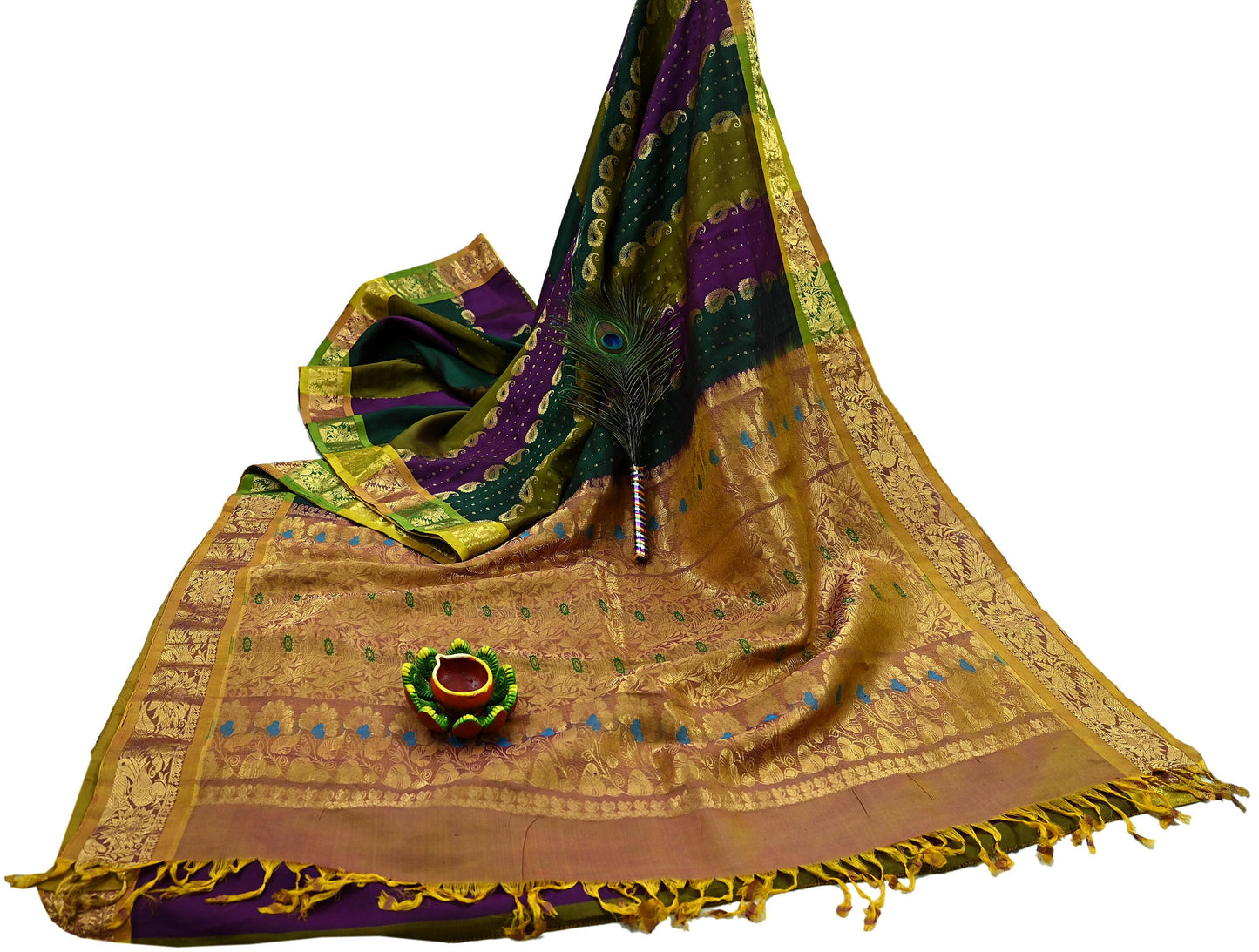 Indian Vintage Heavy Multi Kanjivaram Saree 100% Pure Silk Sari Metallic Golden Zari 5Yd Floral Crafting Dress making