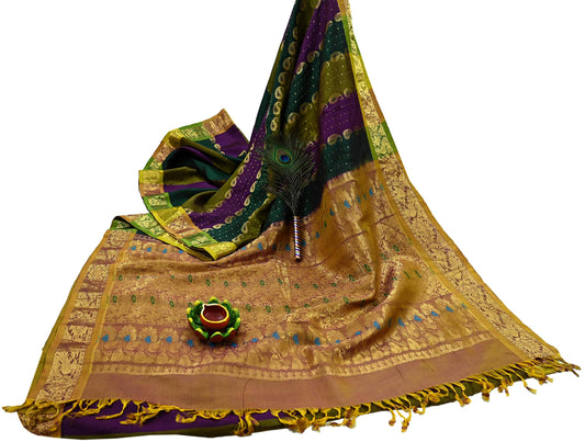 Indian Vintage Heavy Multi Kanjivaram Saree 100% Pure Silk Sari Metallic Golden Zari 5Yd Floral Crafting Dress making