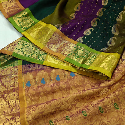 Indian Vintage Heavy Multi Kanjivaram Saree 100% Pure Silk Sari Metallic Golden Zari 5Yd Floral Crafting Dress making
