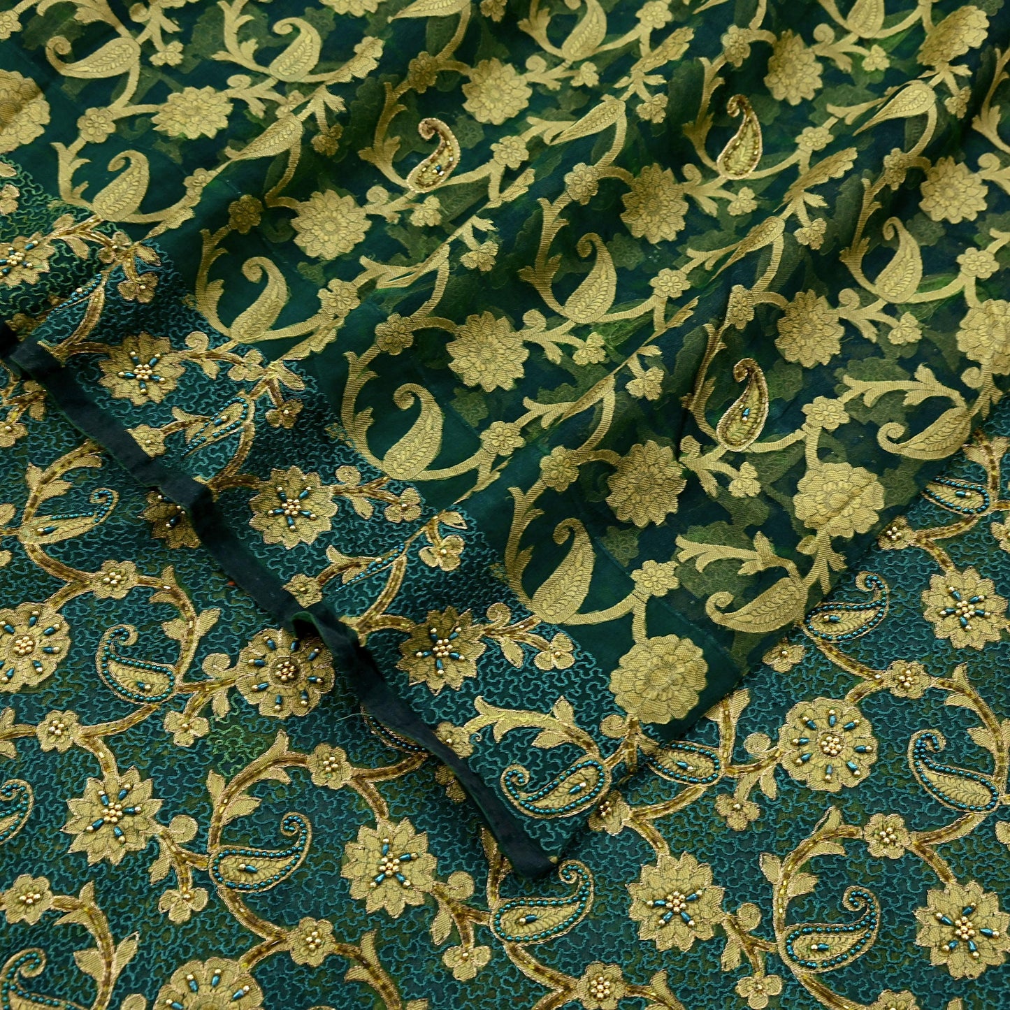 Indian Vintage Sari Green Hand Embroidered Saree Pure Organza Silk Craft Fabric 5Yd Ethnic Dress Making Crafting Quilting