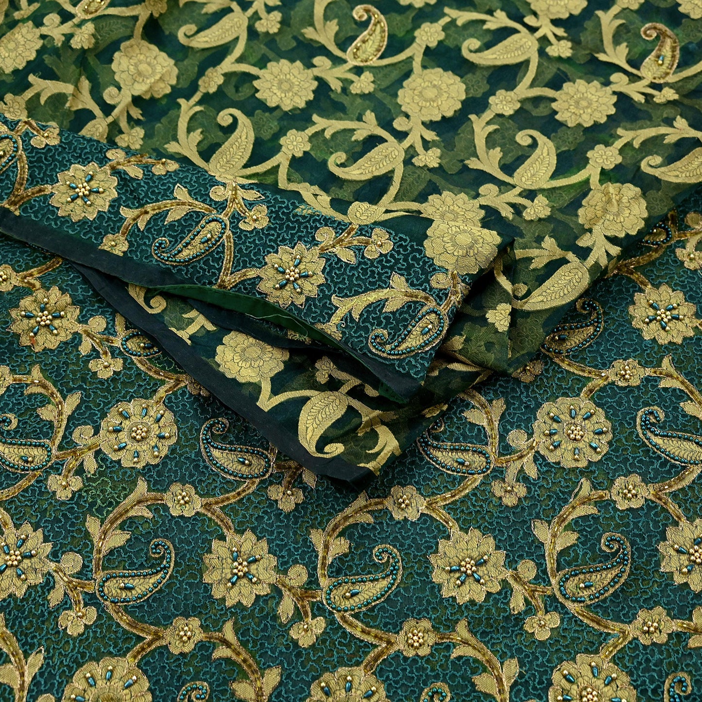 Indian Vintage Sari Green Hand Embroidered Saree Pure Organza Silk Craft Fabric 5Yd Ethnic Dress Making Crafting Quilting
