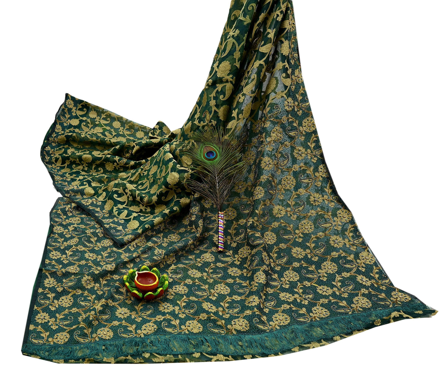 Indian Vintage Sari Green Hand Embroidered Saree Pure Organza Silk Craft Fabric 5Yd Ethnic Dress Making Crafting Quilting