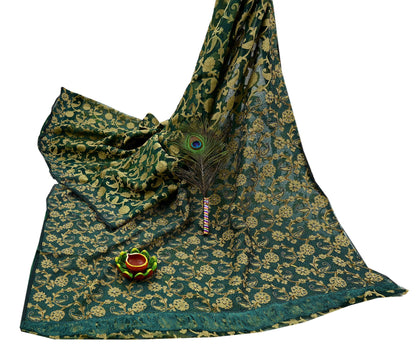 Indian Vintage Sari Green Hand Embroidered Saree Pure Organza Silk Craft Fabric 5Yd Ethnic Dress Making Crafting Quilting