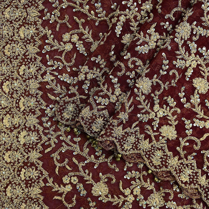 Indian Vintage Heavy Wedding Maroon Dupatta Net Mesh Long Stole Hand Embroidered Scarves Golden Zardozi Zari Sequins Dridal Veil Hijab