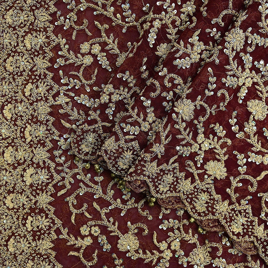 Indian Vintage Heavy Wedding Maroon Dupatta Net Mesh Long Stole Hand Embroidered Scarves Golden Zardozi Zari Sequins Dridal Veil Hijab