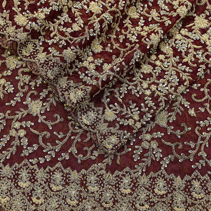 Indian Vintage Heavy Wedding Maroon Dupatta Net Mesh Long Stole Hand Embroidered Scarves Golden Zardozi Zari Sequins Dridal Veil Hijab