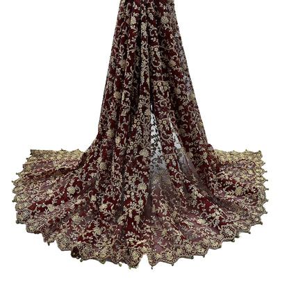Indian Vintage Heavy Wedding Maroon Dupatta Net Mesh Long Stole Hand Embroidered Scarves Golden Zardozi Zari Sequins Dridal Veil Hijab