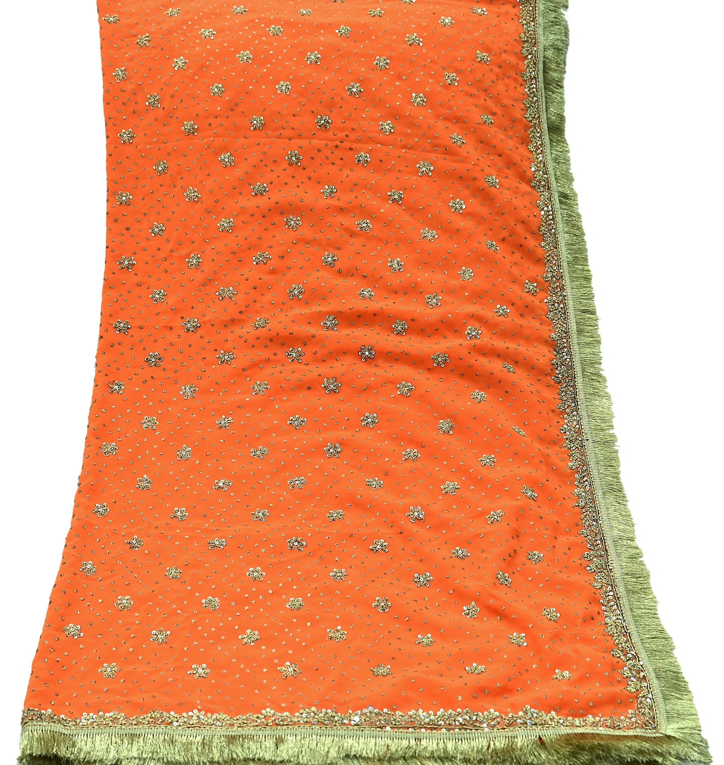 Indian Vintage Heavy Orange Dupatta Pure Georgette Silk Long Stole Hand Embroidered Scarf Zari Zardozi Wedding/ Bridal Veil Hijab