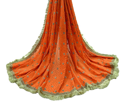 Indian Vintage Heavy Orange Dupatta Pure Georgette Silk Long Stole Hand Embroidered Scarf Zari Zardozi Wedding/ Bridal Veil Hijab